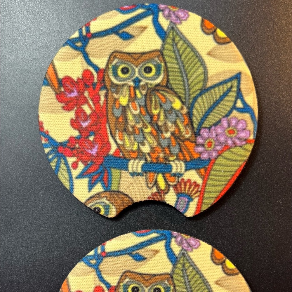 Owl Floral Car Cup Holders Coasters Set Of 2  New